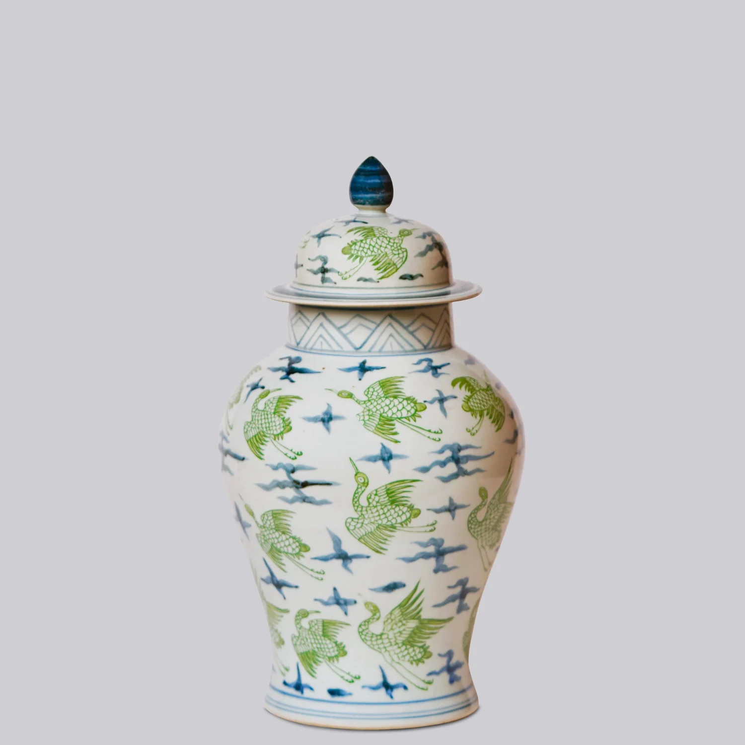CRANE AND CLOUDS GREEN AND BLUE PORCELAIN TEMPLE JAR (C616